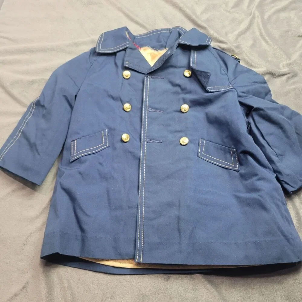 Vintage Navy Blue Kids Peacoat With Faux Fur Lining By Cute Togs Double-Breasted
